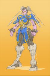 Rule 34 | capcom, chun-li, clenched hands, gears, highres, looking ahead, makoto ono, mecha, mechanization, no humans, orange background, orange eyes, robot, science fiction, sketch, solo, spikes, street fighter