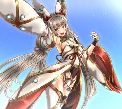 Rule 34 | 1girl, animal ears, blunt bangs, breasts, cat ears, chest jewel, cleavage, detached sleeves, facial mark, grey hair, highleg, highleg leotard, highres, leotard, long hair, low twintails, medium breasts, nia (blade) (xenoblade), nia (xenoblade), short hair, solo, thighhighs, to (tototo tk), twintails, very long hair, xenoblade chronicles (series), xenoblade chronicles 2, yellow eyes