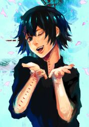 Rule 34 | 1boy, :d, absurdres, black eyes, black hair, black shirt, hair ornament, hairclip, hands up, highres, kyuuba melo, male focus, multicolored background, one eye closed, open mouth, shirt, short hair, short sleeves, smile, solo, stitches, suzuya juuzou, teeth, tokyo ghoul, tokyo ghoul:re, upper teeth only, x hair ornament