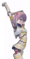 Rule 34 | 1girl, android, blue eyes, blunt bangs, blush, breasts, highres, humanoid robot, looking at viewer, mechanical arms, mechanical legs, original, pink hair, robot, small breasts, smile, stretching, sukabu, two side up, vest, white background, white vest
