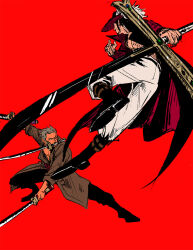 Rule 34 | boots, dracule mihawk, duel, fighting, highres, holding, holding sword, holding weapon, huge weapon, mugibaras, one piece, red background, roronoa zoro, sword, weapon