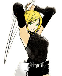 Rule 34 | 1girl, armor, armpits, arms behind head, bare shoulders, belt, black skirt, blonde hair, bracer, breastplate, detached sleeves, dual wielding, elbow pads, green eyes, hair bun, halterneck, hip armor, holding, holding sword, holding weapon, looking at viewer, original, poaro, saber (weapon), single hair bun, skirt, smile, solo, sword, texture, weapon, white background