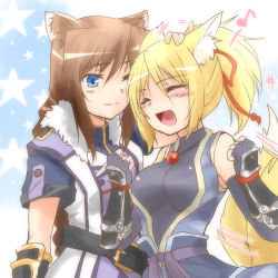 Rule 34 | 10s, 2girls, animal ears, arm up, belt, blonde hair, blue eyes, blush, braid, breasts, brioche d&#039;arquien, brown hair, closed eyes, dog days, dog ears, fingerless gloves, fox ears, fox tail, gloves, hand on another&#039;s head, headpat, japanese clothes, jewelry, long hair, multiple girls, musical note, necklace, open mouth, ponytail, short hair, smile, tail, tail wagging, urutsu sahari, yukikaze panettone