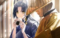 Rule 34 | 1girl, animal ears, arknights, black hair, blush, dog ears, dog girl, eating, food, food on face, gawako, hat, highres, holding, holding food, japanese clothes, kimono, long hair, monk, old, onigiri, parted bangs, rice, rice hat, rice on face, yellow eyes