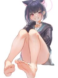 Rule 34 | 1girl, animal ears, bare legs, barefoot, black jacket, blue archive, blue hair, blush, clenched teeth, colored inner hair, commentary, convenient leg, feet, foot focus, foreshortening, full body, green sailor collar, hand up, highres, hood, hood down, hooded jacket, jacket, kazusa (blue archive), knees together feet apart, legs, looking at viewer, marulire, medium hair, miniskirt, multicolored hair, neckerchief, pink hair, pink neckerchief, pleated skirt, red eyes, sailor collar, school uniform, shiny skin, simple background, skirt, sleeves past wrists, smile, soles, solo, streaked hair, teeth, thighs, toes, white background
