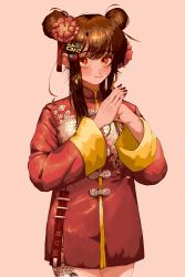 Rule 34 | 1girl, alternate costume, alternate hairstyle, axis powers hetalia, bad id, bad pixiv id, brown hair, chinese clothes, dress, fist in hand, flower, gakudayo, hair flower, hair ornament, hairpin, highres, leg tattoo, looking at viewer, nail polish, orange eyes, pink background, republic of china flag, short dress, side slit, smile, solo, taiwan (hetalia), tattoo, wide sleeves
