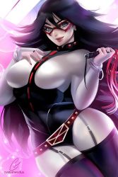 Rule 34 | 10s, 1girl, :p, aqua eyes, artist name, bdsm, belt, belt buckle, black hair, black leotard, blue eyes, blush, bodysuit, boku no hero academia, boots, breasts, buckle, cat o&#039; nine tails, colored skin, cowboy shot, cuffs, curvy, customwaifus, dominatrix, domino mask, facing viewer, female focus, garter straps, hair between eyes, hand on own chest, handcuffs, hands up, heart, heart background, holding, holding whip, indoors, jewelry, large breasts, latex, latex suit, leotard, lips, long hair, looking at viewer, mask, messy hair, midnight (boku no hero academia), mole, mole under eye, nail polish, naughty face, open \m/, open mouth, pale skin, parted lips, pink background, red belt, red nails, ring, seductive smile, skin tight, smile, smirk, solo, spiked hair, standing, superhero costume, swept bangs, teeth, thick thighs, thigh boots, thighhighs, thighs, tongue, tongue out, very long hair, watermark, white bodysuit, white skin, wide hips, window