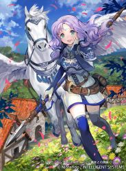 Rule 34 | 1girl, armor, blush, dress, field, fire emblem, fire emblem: the blazing blade, fire emblem cipher, florina (fire emblem), flower, gloves, green eyes, jewelry, kawasumi (japonica), long hair, looking at viewer, nintendo, official art, open mouth, pegasus knight uniform (fire emblem), purple hair, smile, solo, thighhighs, weapon