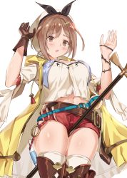 Rule 34 | 1girl, absurdres, atelier (series), atelier ryza, atelier ryza 1, basil (st 1), belt, breasts, brown eyes, brown hair, female focus, flask, hair ornament, hairclip, hat, highres, midriff, navel, red shorts, reisalin stout, round-bottom flask, short shorts, shorts, simple background, solo, standing, thighhighs, thighs, white background