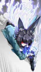 1girl animal_ear_fluff animal_ears black_hair blue_fire blunt_bangs breasts closed_mouth fingerless_gloves fire fox_ears fox_girl gloves glowing glowing_eyes green_jacket highres holding holding_sword holding_weapon hoshimi_miyabi jacket jin_(mugenjin) katana large_breasts long_hair red_eyes serious solo sword weapon zenless_zone_zero