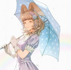 Rule 34 | 1girl, absurdres, after rain, animal ears, blunt bangs, bow, breasts, brown hair, character request, cross-laced clothes, dress, ears down, final fantasy, final fantasy xiv, flower, from side, gloves, hair flower, hair ornament, hair tassel, highres, holding, holding umbrella, hydrangea, kuroimori, lace-trimmed collar, lace trim, lips, looking at viewer, medium hair, orange eyes, polka dot, polka dot umbrella, puckered lips, purple dress, rabbit ears, rainbow, short sleeves, simple background, solo, tassel, tassel hair ornament, umbrella, upper body, viera, warrior of light (ff14), water drop, white background, white bow, white gloves