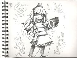 Rule 34 | 1girl, alarm siren, arm cannon, borrowed character, closed mouth, cowboy shot, crosshair pupils, dress, emperpep, fang, fang out, hand on own hip, heart, heterochromia, highres, joints, long hair, looking at viewer, mimi-sentry (flyingpiggles), monochrome, original, personification, photo (medium), robot, robot girl, robot joints, scribble, second-party source, simple background, sketchbook, smile, solo, team fortress 2, weapon, wrench