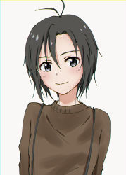 Rule 34 | 1girl, antenna hair, black eyes, black hair, brown shirt, closed mouth, commentary, hair between eyes, highres, idolmaster, idolmaster (classic), idolmaster 2, idolmaster million live!, idolmaster million live! theater days, kikuchi makoto, looking at viewer, mogskg, shirt, short hair, simple background, smile, solo, suspenders, upper body, white background