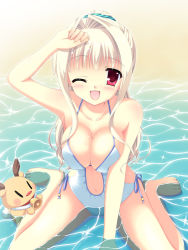 Rule 34 | 10s, 1girl, ;d, bare shoulders, barefoot, beach, bikini, blonde hair, blush, breasts, casual one-piece swimsuit, center opening, cleavage, collarbone, da capo, da capo iii, hair ribbon, high ponytail, kneeling, large breasts, long hair, looking at viewer, navel, nora (otome70121), one-piece swimsuit, one eye closed, open mouth, red eyes, ribbon, sitting, smile, solo, swimsuit, water, wet, wink, yoshino charles