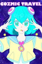 Rule 34 | 1girl, aqua eyes, aqua hair, blue sailor collar, chimu (chimoon), commentary, cropped jacket, hagoromo lala, hair between eyes, hair ornament, jacket, jewelry, looking at viewer, necklace, precure, sailor collar, short hair, short sleeves, sky, solo, star-shaped pupils, star (sky), star (symbol), star twinkle precure, starry sky, straight-on, symbol-shaped pupils, upper body, yellow jacket