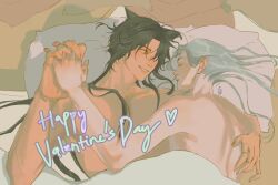 Rule 34 | 2boys, animal ears, black hair, blanket, brown eyes, closed eyes, commentary, dog boy, dog ears, english commentary, english text, facing another, fingernails, gankedbyshipdom, grey hair, grin, hand on another&#039;s back, happy valentine, highres, holding hands, interlocked fingers, long hair, looking at another, male focus, multiple boys, original, pillow, sharp fingernails, smile, under covers, upper body, yaoi