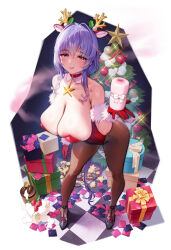 Rule 34 | 1girl, animal ears, areola slip, artificial vagina, bare shoulders, blush, bow, box, breasts, brown pantyhose, cake, cake slice, choker, christmas, christmas ornaments, christmas tree, cleavage, collar, collarbone, condom, condom wrapper, cookie, deer ears, detached collar, fake animal ears, food, full body, fur trim, gift, gift box, gloves, high heels, highres, huge breasts, large areolae, leotard, licking lips, long hair, looking at viewer, ogre (illustogre), original, pantyhose, playboy bunny, purple eyes, purple hair, red leotard, ribbon, sagging breasts, sex toy, smile, solo, strapless, strapless leotard, tongue, tongue out