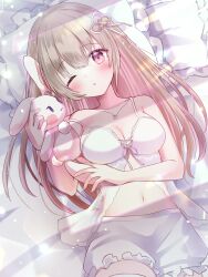 Rule 34 | 1girl, :o, bare arms, bed sheet, blush, breasts, brown hair, camisole, cleavage, commentary request, commission, hair between eyes, hair ribbon, highres, holding, holding stuffed toy, irono1910, jewelry, long hair, lying, medium breasts, morning, navel, necklace, on back, on bed, one eye closed, open mouth, original, pillow, red eyes, ribbon, shorts, skeb commission, sleepwear, smile, solo, stuffed animal, stuffed rabbit, stuffed toy, white camisole, white shorts