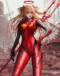 Rule 34 | 1girl, bident, blood, blood on clothes, blood on face, bloody weapon, blue eyes, bodysuit, breasts, brown hair, cowboy shot, hair between eyes, halo, hand on own hip, headgear, highres, holding, holding polearm, holding weapon, interface headset, lance of longinus (evangelion), long hair, looking at viewer, medium breasts, naofaro, neon genesis evangelion, pilot suit, plugsuit, polearm, red bodysuit, red halo, rubble, ruins, science fiction, solo, souryuu asuka langley, spear, weapon, wide hips