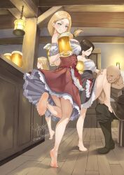 1girl absurdres bar_(place) barefoot beer_mug blonde_hair blue_eyes cup feet grin highres light_blush long_hair looking_at_viewer low_ponytail maburoku mug ponytail smile soles toes