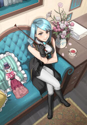 1girl absurdres ace_attorney ace_attorney_investigations ace_attorney_investigations:_miles_edgeworth ascot black_footwear black_gloves blue_hair boots breasts closed_mouth commentary_request couch cup desk franziska_von_karma from_above gloves grey_eyes highres holding holding_stick indoors large_breasts long_hair looking_at_viewer on_couch pants plant potted_plant sitting smile solo sparkle stick tea teacup white_ascot white_pants yoru_tsuki12