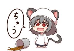 Rule 34 | 1girl, animal ears, apron, blush stickers, chibi, chibi only, cooking pot, grey hair, hat, highres, kappougi, mouse ears, mouse girl, mouse tail, nazrin, open mouth, pleated skirt, red eyes, shitacemayo, skirt, smile, solo, spill, tail, touhou, translated