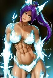 Rule 34 | 1girl, abs, biceps, bleach, breasts, collarbone, dark-skinned female, dark background, dark skin, electricity, electrokinesis, gluteal fold, head tilt, large breasts, long hair, looking at viewer, muscular, muscular female, navel, obliques, ponytail, purple hair, robusta mania, shihouin yoruichi, solo, yellow eyes