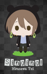 Rule 34 | 1girl, animal ears, checkered background, chibi, earrings, female focus, flat color, full body, gradient background, hirasawa yui, hood, hoodie, jewelry, k-on!, k-on! movie, non-web source, singing! (k-on!), solo, standing
