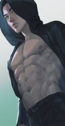 Rule 34 | 1boy, abs, bare pectorals, black jacket, black pants, eren yeager, expressionless, green eyes, highres, hood, hood up, hooded jacket, jacket, looking at viewer, male focus, muscular, muscular male, navel, nipples, aged up, open clothes, open jacket, otakumi (user krmf7787), pants, pectorals, shingeki no kyojin, short hair, solo, stomach