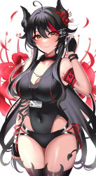 Rule 34 | 1girl, ahoge, arm tattoo, armband, black gloves, black hair, black horns, black leotard, black thighhighs, bracelet, breasts, cleavage, closed mouth, collarbone, commission, covered navel, fingerless gloves, flower, gloves, hair between eyes, hair flower, hair ornament, highres, hioka h, horns, id card, indie virtual youtuber, jewelry, lanyard, large breasts, leotard, long hair, panties, red armband, red panties, red petals, side-tie panties, skeb commission, solo, spider lily, tattoo, thighhighs, underwear, vanilluu (vtuber), virtual youtuber, yellow eyes