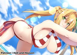 Rule 34 | 1girl, ahoge, ass, beach, bent over, bikini, breasts, butt crack, coconut, coconut tree, covered erect nipples, criss-cross halter, day, dutch angle, earrings, fate/grand order, fate (series), green eyes, hair between eyes, hair intakes, halterneck, hellandheaven, jewelry, large breasts, lens flare, long hair, looking at viewer, looking back, navel, nero claudius (fate), nero claudius (fate) (all), nero claudius (swimsuit caster) (fate), ocean, outdoors, palm tree, presenting, red bikini, side-tie bikini bottom, sky, smile, solo, striped bikini, striped clothes, sweat, swimsuit, tree, twintails