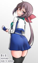 Rule 34 | 1girl, akebono (kancolle), blue dress, commentary request, cowboy shot, cropped jacket, dress, from behind, gloves, gradient background, grey eyes, grey hair, hair ribbon, jacket, kantai collection, long hair, looking at viewer, looking back, multicolored clothes, multicolored gloves, official alternate costume, race queen, ribbon, side ponytail, solo, very long hair, white jacket, yuki to hana