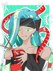 Rule 34 | 1girl, bairimengzhizaoshang94398, character name, closed mouth, cookie run, crop top, detached sleeves, green eyes, happy, highres, humanization, long hair, multicolored hair, panties, pants, personification, ribbon, scissors, shirt, sleeveless, sleeveless shirt, smile, solo, sour belt cookie, spaghetti strap, two-tone hair, underwear, white pants