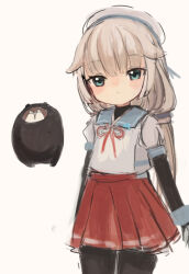 Rule 34 | 1girl, black bodysuit, blue sailor collar, bodysuit, bokukawauso, commentary request, green eyes, grey hair, hat, kantai collection, long hair, looking at viewer, low twintails, mikura (kancolle), otter, pleated skirt, puffy short sleeves, puffy sleeves, red skirt, sailor collar, sailor hat, sailor shirt, shirt, short sleeves, simple background, skirt, twintails, white background, white headwear, white shirt, wss (nicoseiga19993411)