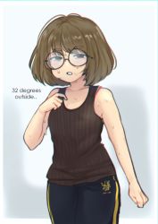Rule 34 | 1girl, absurdres, artist self-insert, black hair, brown hair, collarbone, commentary, day, glasses, highres, looking at viewer, mole, mole under mouth, neqo (neneneqo), nervous sweating, open mouth, original, outdoors, pants, round eyewear, shirt, short hair, simple background, sleeveless, sleeveless shirt, solo, sweat, sweatpants, symbol-only commentary, very sweaty, white background