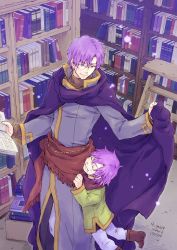 Rule 34 | 2boys, book, bookshelf, canas, child, cloak, dated, father and son, fire emblem, fire emblem: the binding blade, fire emblem: the blazing blade, from above, glasses, grin, highres, holding, holding book, hugh, indoors, library, male focus, multiple boys, nintendo, purple hair, scarf, smile, standing