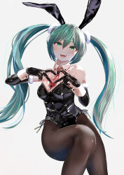 Rule 34 | 1girl, absurdres, alternate costume, animal ears, aqua eyes, aqua hair, bare shoulders, black gloves, black pantyhose, detached sleeves, elbow gloves, feet out of frame, finger heart, fishnet pantyhose, fishnets, gloves, grey background, hatsune miku, highres, hxk4 n, leotard, long hair, looking at viewer, necktie, open mouth, pantyhose, playboy bunny, rabbit ears, red necktie, ribbon, simple background, solo, strapless, strapless leotard, twintails, very long hair, vocaloid, wrist cuffs
