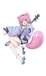 Rule 34 | 1girl, animal ears, black skirt, borrowed character, clothes around waist, copyright request, detached collar, detached sleeves, fang, full body, geta, green background, highres, holding, holding instrument, instrument, japanese clothes, kimono, kokyuu, looking at viewer, pink hair, pointy ears, short hair, sidelocks, simple background, skin fang, skirt, sleeveless, sleeveless kimono, sleeves past fingers, sleeves past wrists, smile, socks, solo, tail, white background, white footwear, xintianou