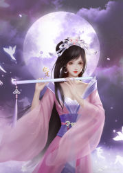Rule 34 | 1girl, absurdres, artist request, brown hair, chi lian (qin shi ming yue), chinese clothes, cloud, earrings, flute, glowing bird, hair bun, hair ornament, hanfu, highres, instrument, jewelry, long sleeves, moon, qinshi mingyue, sash, second-party source, sidelocks, solo, tassel, upper body