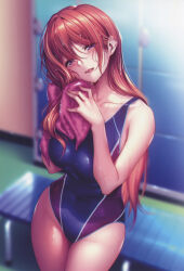 Rule 34 | 1girl, absurdres, blurry, blurry background, blush, breasts, brown hair, collarbone, competition swimsuit, covered navel, fingernails, hanikami kanojo, head tilt, highleg, highleg swimsuit, highres, holding, holding towel, indoors, kurumi shinoha, lips, long hair, medium breasts, mole, mole under mouth, one-piece swimsuit, open mouth, piromizu, purple eyes, scan, shiny clothes, simple background, solo, swimsuit, thighs, towel, water, water drop, wet, wet hair