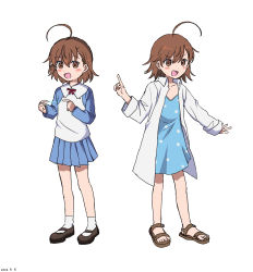 Rule 34 | 2022, 20s, 2girls, absurdres, aged down, ahoge, bare legs, blue dress, blue skirt, blue sleeves, blush stickers, brown eyes, brown footwear, brown hair, child, clone, coat, collarbone, dress, electricity, electrokinesis, flat chest, full body, highres, last order (toaru majutsu no index), long sleeves, matching hair/eyes, misaka mikoto, multiple girls, open clothes, open coat, polka dot, polka dot dress, sandals, shirt, shoes, short hair, simple background, skirt, standing, takatisakana, toaru majutsu no index, toes, white background, white coat, white shirt