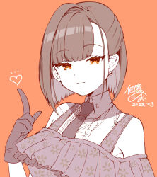 Rule 34 | 1girl, asymmetrical bangs, bare shoulders, bob cut, center frills, closed mouth, cocktail dress, commentary request, dated, dress, earrings, forehead, frilled shirt, frills, gloves, half updo, heart, index finger raised, jewelry, looking at viewer, medium hair, necktie, noripro, off-shoulder dress, off shoulder, orange background, orange theme, pearl earrings, self-portrait, shirt, signature, single hair intake, sleeveless, sleeveless shirt, solo, spot color, tsukudani norio, tsukudani norio (vtuber), upper body, virtual youtuber