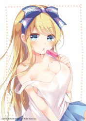 Rule 34 | 10s, 1girl, 2016, alice (alice in wonderland), alice in wonderland, bare shoulders, blonde hair, blue eyes, blue ribbon, blue skirt, blush, breasts, cleavage, collarbone, emilion, emu alice, english text, eyebrows, food, food on body, hair ribbon, holding, holding food, large breasts, liver city, long hair, looking at viewer, medium breasts, off shoulder, open mouth, original, pleated skirt, popsicle, ribbon, shirt, skirt, sleeveless, sleeveless shirt, solo, sweat, swept bangs, tank top, very long hair, watermark, white background, white shirt
