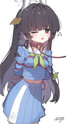 1girl absurdres animal_ears black_hair blue_archive collar fake_animal_ears garib_(gari_gari_1) halo highres leaf leaf_on_head long_hair long_sleeves looking_at_viewer miyu_(blue_archive) navel open_mouth pantyhose rabbit_ears red_eyes restrained school_uniform serafuku shirt skirt solo white_pantyhose