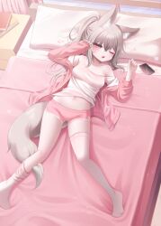 Rule 34 | 1girl, absurdres, animal ear fluff, animal ears, bed, book, breasts, cellphone, clothes lift, commission, dolphin shorts, drooling, fox ears, fox girl, fox tail, grey hair, head on pillow, highres, honyang, jacket, long hair, long sleeves, lying, medium breasts, navel, on back, on bed, one eye closed, open clothes, open jacket, open mouth, original, phone, pillow, pink jacket, pink shorts, ponytail, saliva, shirt, shirt lift, shorts, sleepy, smartphone, solo, squeans, stomach, tail, thighhighs, white shirt
