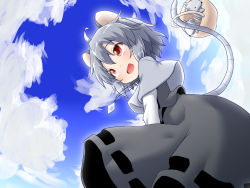 Rule 34 | 1girl, :d, animal ears, basket, blue sky, blush, capelet, cloud, cloudy sky, day, dress, grey hair, jewelry, long sleeves, mouse (animal), mouse ears, mouse tail, natsu no koucha, nazrin, necklace, open mouth, red eyes, short hair, sky, smile, solo, tail, touhou