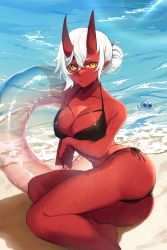 Rule 34 | 1girl, absurdres, akumi (yoclesh), arm support, bare legs, beach, bikini, black bikini, breasts, cleavage, closed mouth, colored skin, creature, day, hair between eyes, hair bun, halterneck, highres, horns, innertube, large breasts, looking at viewer, oni horns, outdoors, pointy ears, red skin, scar, scar on arm, scar on chest, scar on leg, second-party source, sitting, solo, swim ring, swimsuit, virtual youtuber, vyugen, water, wet, white hair, yellow eyes, yoclesh