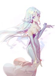 Rule 34 | 1girl, absurdres, aqua hair, bad id, bad pixiv id, bare shoulders, blonde hair, blue eyes, breasts, bridal gauntlets, cleavage, closed mouth, collarbone, cowboy shot, dress, elbow gloves, frilled sleeves, frills, gloves, hair between eyes, hand up, highres, long dress, long hair, looking at viewer, medium breasts, original, simple background, smile, solo, strapless, strapless dress, very long hair, white background, yyb