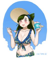 Rule 34 | 1girl, anyan (jooho), asymmetrical bangs, bikini, blue scrunchie, blue sky, blunt bangs, blunt ends, blush, breasts, character name, cleavage, cloud, cropped torso, food, front-tie bikini top, front-tie top, g28 (girls&#039; frontline), g28 (tropical storm) (girls&#039; frontline), girls&#039; frontline, green hair, hat, holding, holding food, korean text, large breasts, long hair, mole, mole on breast, navel, official alternate costume, one side up, open mouth, oval background, red eyes, scrunchie, shaved ice, sky, smile, solo, spoon, sun hat, sweat, swimsuit, teeth, upper body, w arms
