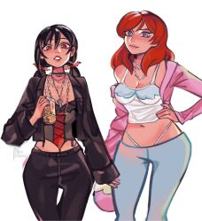 Rule 34 | 2girls, black hair, black jacket, black pants, breasts, camisole, choker, cleavage, cowboy shot, cross, cross necklace, cup, grey pants, hand on own hip, highres, holding, holding cup, jacket, jewelry, long hair, looking at viewer, love live!, love live! school idol project, midriff, multiple girls, naomoonz, navel, necklace, nishikino maki, pants, purple eyes, red eyes, red hair, simple background, twintails, white background, white camisole, yazawa nico